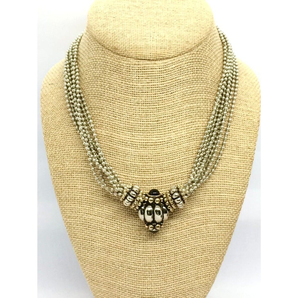 VINTAGE Two Tone Necklace Gold Silver Tone Etruscan Black Cabochon Multi Strand
